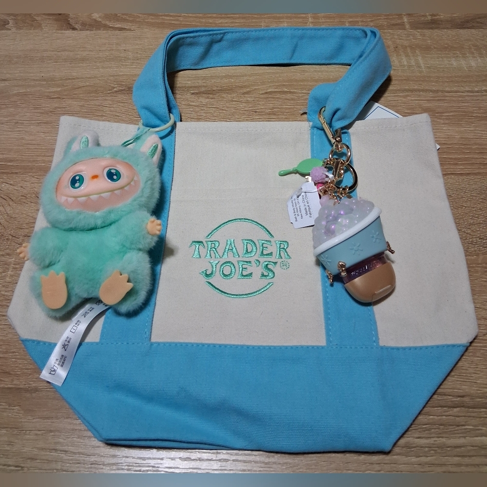 Trader Joe's Blue, Teal and Cream Tote Bag with "Labubu" and B&BW Sanitizer
